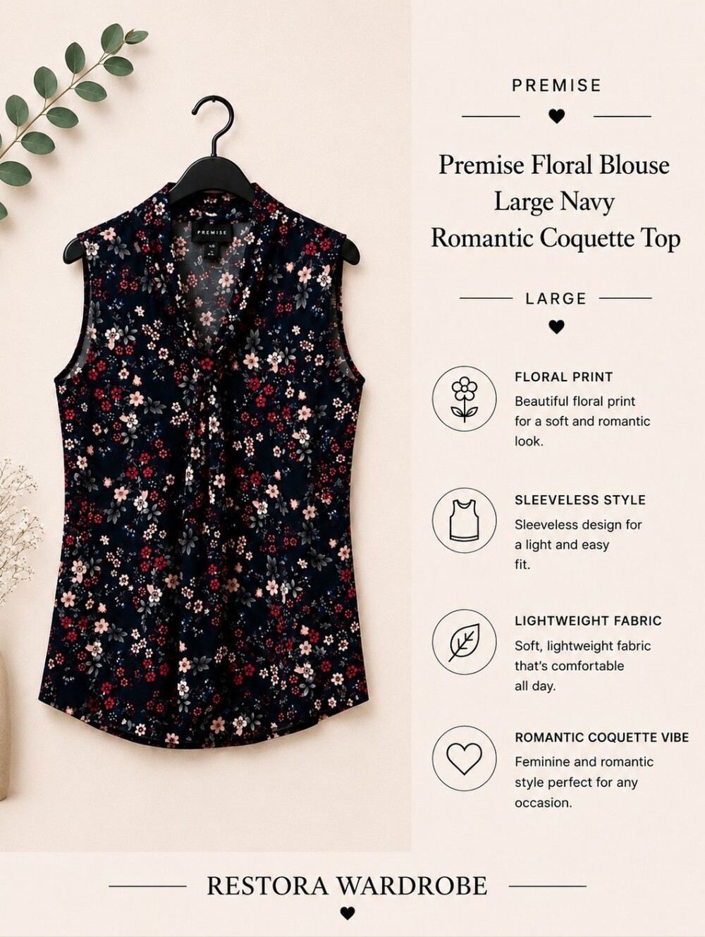 Premise Navy Floral Sleeveless Blouse Large Romantic Coquette